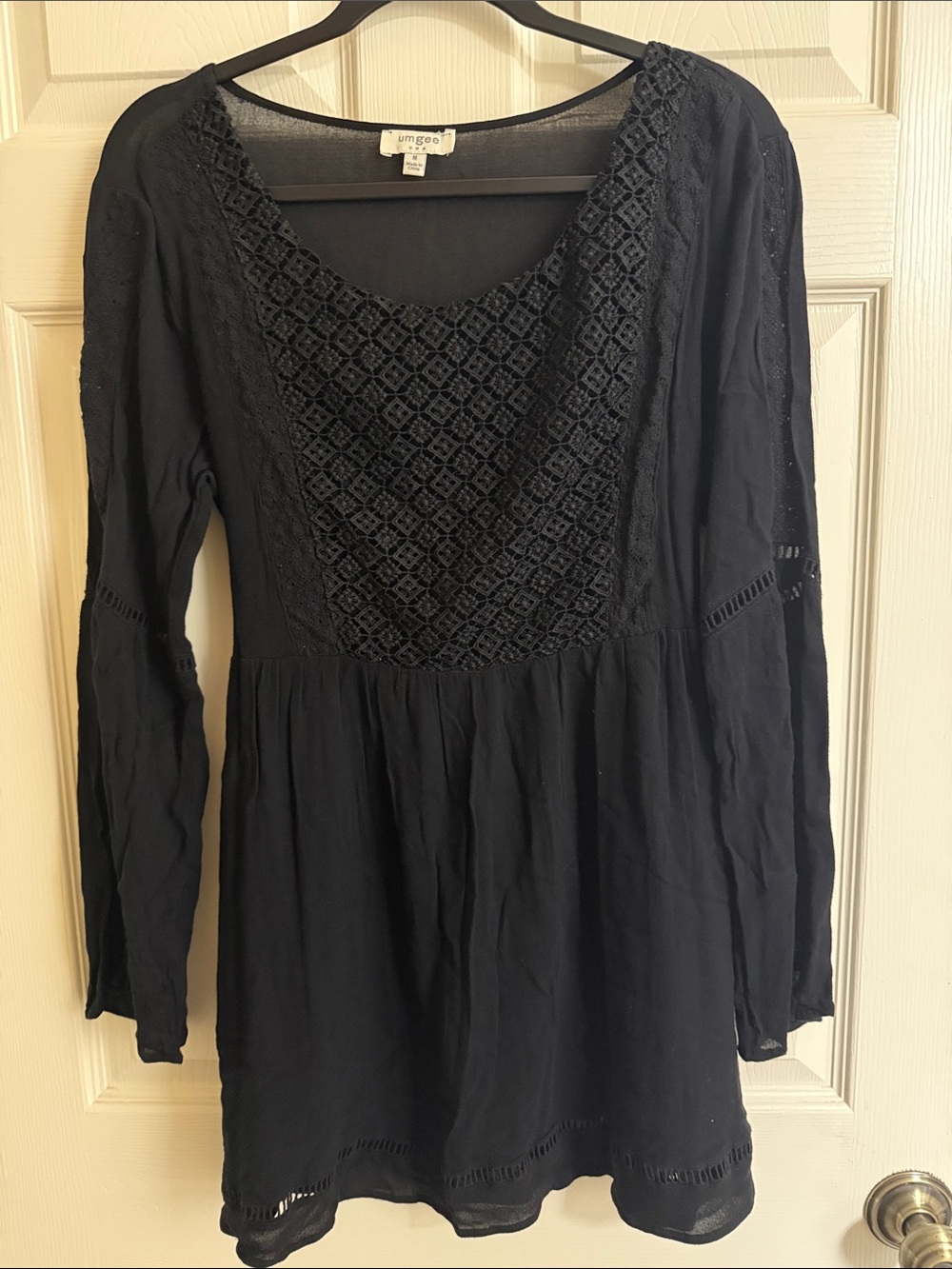 Umgee Black Crochet-Detail Long Sleeve Baby Doll Mini Dress